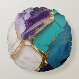 Koninklijk Teal & Amethist Marmer met Gouden Adere Rond Kussen