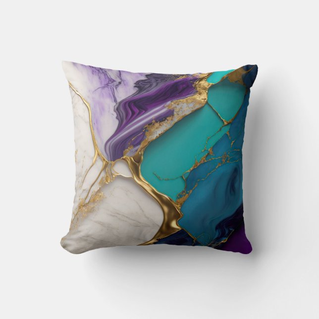 Koninklijk Teal & Amethist Marmer met Gouden Aders Kussen (Voorkant)