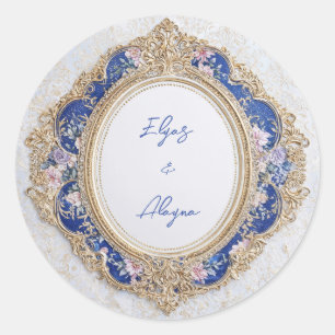 Koninklijk Victoriaans Blauw Goud Bloemmotief Ovaa Ronde Sticker