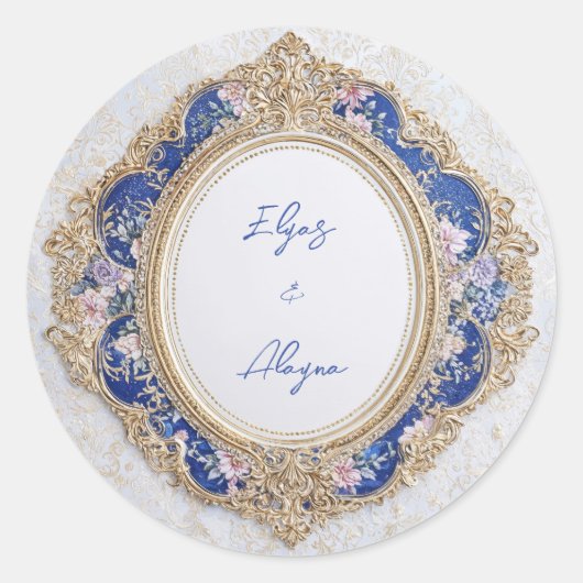 Koninklijk Victoriaans Blauw Goud Bloemmotief Ovaa Ronde Sticker (Voorkant)