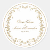 Koninklijk wit en goud chic bloem bruiloft ronde sticker (Voorkant)