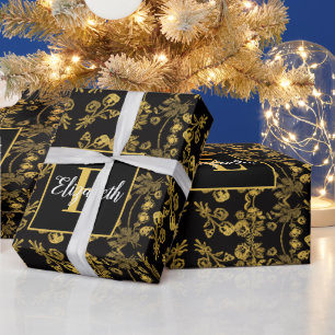 Koninklijk Zwart & Goud Damast Bloemstuk Aangepast Cadeaupapier