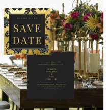 Koninklijk zwart & goud damast trouw save the date