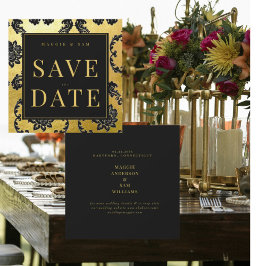 Koninklijk zwart & goud damast trouw save the date