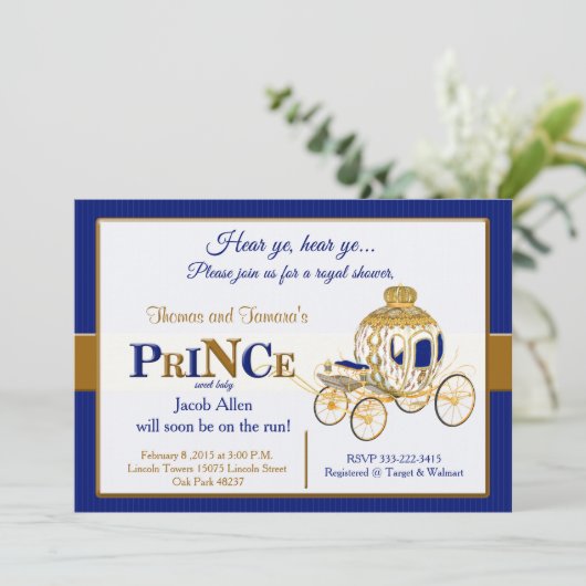 Koninklijke baby shower uitnodiging voor een prins (Staand voorkant)