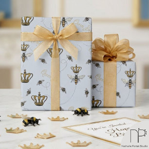 Koninklijke Bijenkoningin Gouden Kroon Blauw Cadeaupapier