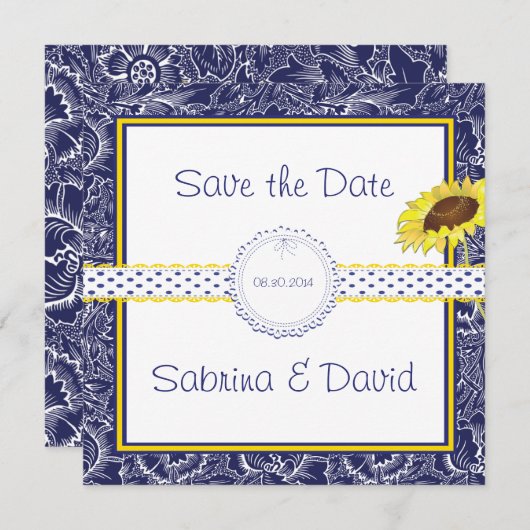 Koninklijke Blauw en Gele Zonnebloemen sparen de D Save The Date (Voorkant / Achterkant)