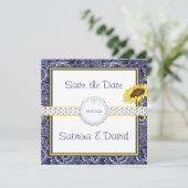 Koninklijke Blauw en Gele Zonnebloemen sparen de D Save The Date (Staand voorkant)