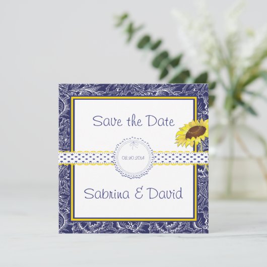 Koninklijke Blauw en Gele Zonnebloemen sparen de D Save The Date (Staand voorkant)