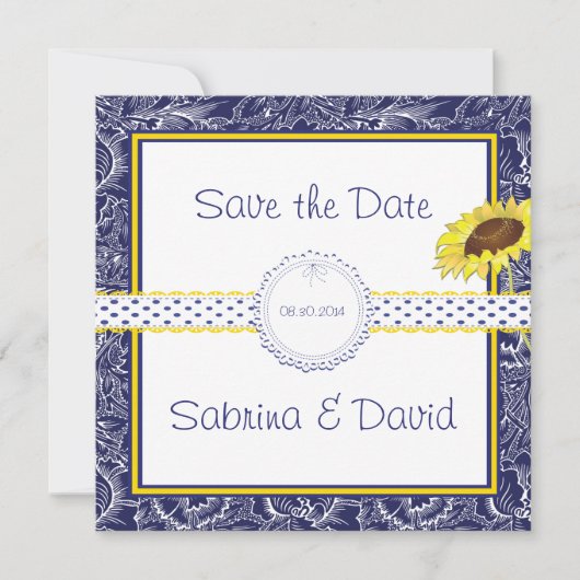 Koninklijke Blauw en Gele Zonnebloemen sparen de D Save The Date (Voorkant)