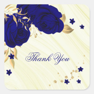 koninklijke blauwe bloemen en goudbladeren marmer vierkante sticker