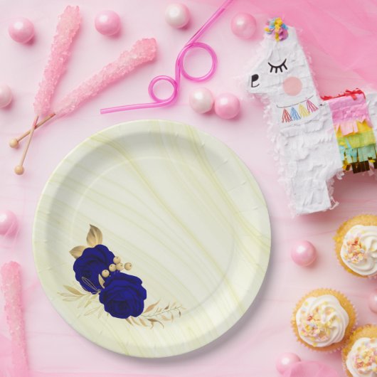 koninklijke blauwe bloemen goudblad marmer papieren bordje (Feest)