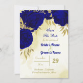 Koninklijke blauwe bloemen gouden bladeren save the date (Voorkant)