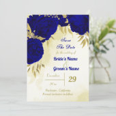 Koninklijke blauwe bloemen gouden bladeren save the date (Staand voorkant)