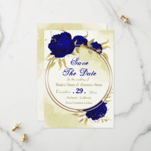 Koninklijke blauwe bloemen gouden bladeren save the date