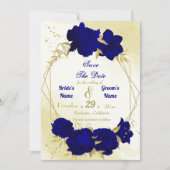 Koninklijke blauwe bloemen gouden bladeren save the date (Voorkant)