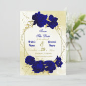 Koninklijke blauwe bloemen gouden bladeren save the date (Staand voorkant)