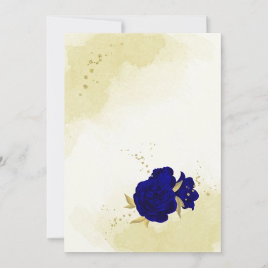 Koninklijke blauwe bloemen gouden bladeren save the date (Achterkant)