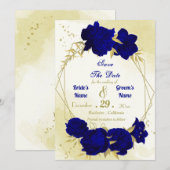 Koninklijke blauwe bloemen gouden bladeren save the date (Voorkant / Achterkant)
