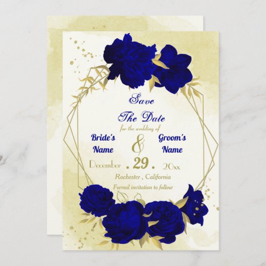 Koninklijke blauwe bloemen gouden bladeren save the date (Voorkant / Achterkant)