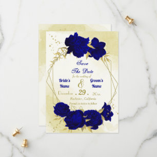 Koninklijke blauwe bloemen gouden bladeren save the date