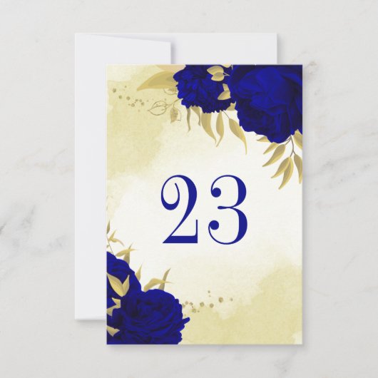 Koninklijke blauwe bloemen gouden bladeren tafelnu kaart (Voorkant)