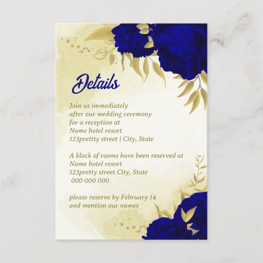 Koninklijke blauwe bloemen gouden botanische bruil informatiekaartje (Voorkant)