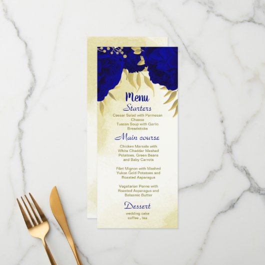 Koninklijke blauwe bloemen gouden botanische bruil menu (Voorkant / Achterkant in situ)