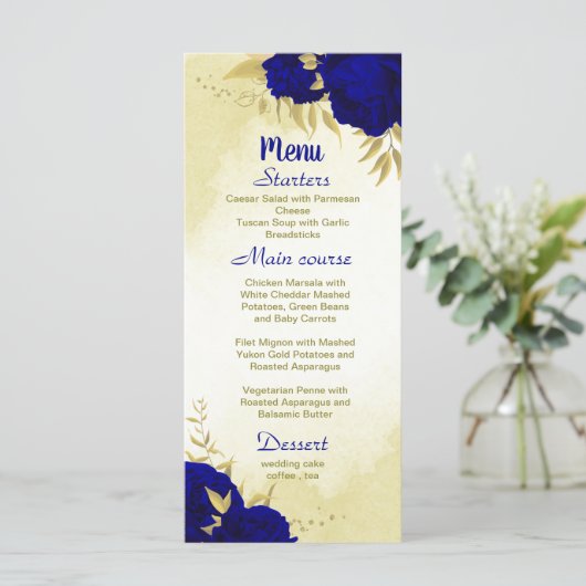 Koninklijke blauwe bloemen gouden botanische bruil menu (Staand voorkant)