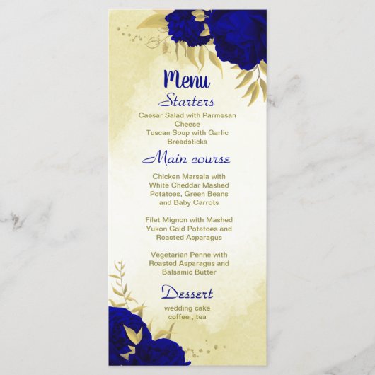 Koninklijke blauwe bloemen gouden botanische bruil menu (Voorkant)
