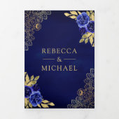 Koninklijke Blauwe Bloemen Gouden Kant QR Code Bru Drieluik Uitnodiging (Cover)