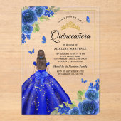 Koninklijke Blauwe Bloemen Jurk Vlinder Quinceaner Acryl Uitnodigingen (Voorkant)