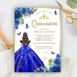 Koninklijke Blauwe Bloemen Jurk Vlinder Quinceaner Kaart