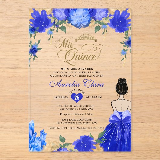 Koninklijke Blauwe Bloemen Prinses Mis Quince Quin Acryl Uitnodigingen (Voorkant)
