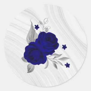 koninklijke blauwe bloemen zilverblad marmer ronde sticker