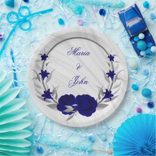 koninklijke blauwe bloemen zilverbladeren met marm papieren bordje (Feest)