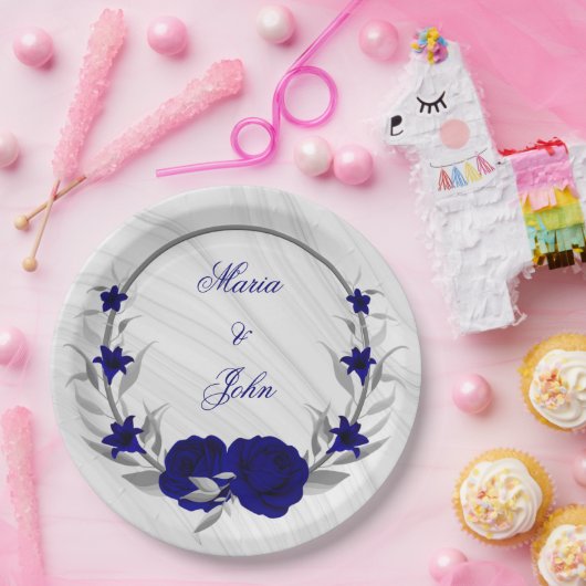 koninklijke blauwe bloemen zilverbladeren met marm papieren bordje (Feest)