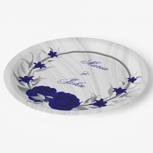 koninklijke blauwe bloemen zilverbladeren met marm papieren bordje (Gekanteld)