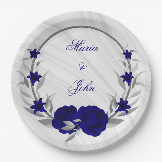 koninklijke blauwe bloemen zilverbladeren met marm papieren bordje (Voorkant)