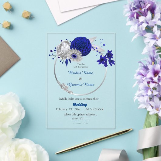 Koninklijke Blauwe Bloemen Zilveren Bloemen Krans  Acryl Uitnodigingen (Insitu (Huwelijk))