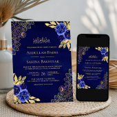 Koninklijke Blauwe Bloemenkant QR Code Moslim Brui Kaart