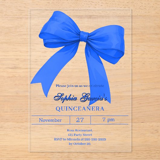 Koninklijke blauwe boog Quinceanera Acryl Uitnodigingen (Voorkant)