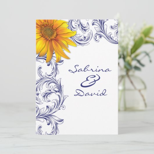  koninklijke blauwe en gele zonnebloemen bruiloft kaart (Staand voorkant)