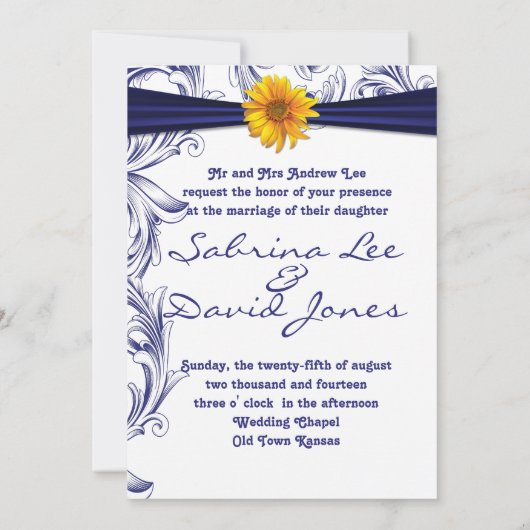 koninklijke blauwe en gele zonnebloemen bruiloft kaart (Achterkant)