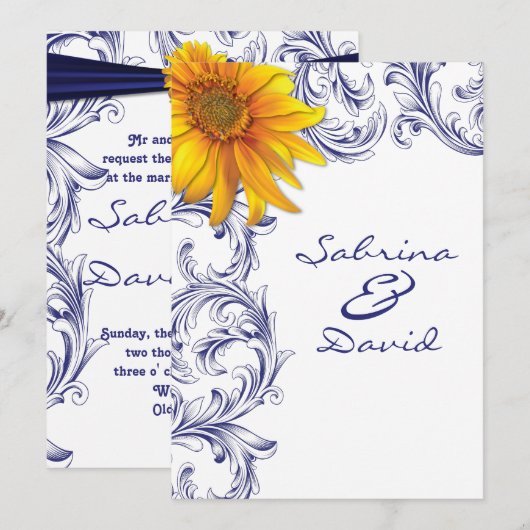 koninklijke blauwe en gele zonnebloemen bruiloft kaart (Voorkant / Achterkant)