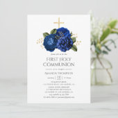 Koninklijke Blauwe en Gouden Bloemen Eerste Heilig Kaart (Staand voorkant)