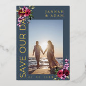 Koninklijke Blauwe en Gouden Foto Bruiloft Save Ou Folie Uitnodiging (Voorkant)