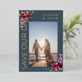 Koninklijke Blauwe en Gouden Foto Bruiloft Save Ou Folie Uitnodiging (Staand Voorkant)