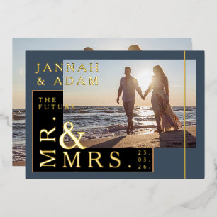 Koninklijke Blauwe en Gouden Fotobruiloft Mr. en M Folie Uitnodiging