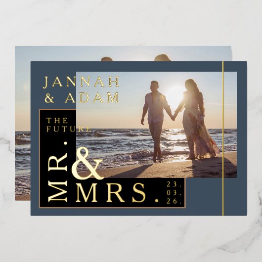 Koninklijke Blauwe en Gouden Fotobruiloft Mr. en M Folie Uitnodiging (Voorkant / Achterkant)